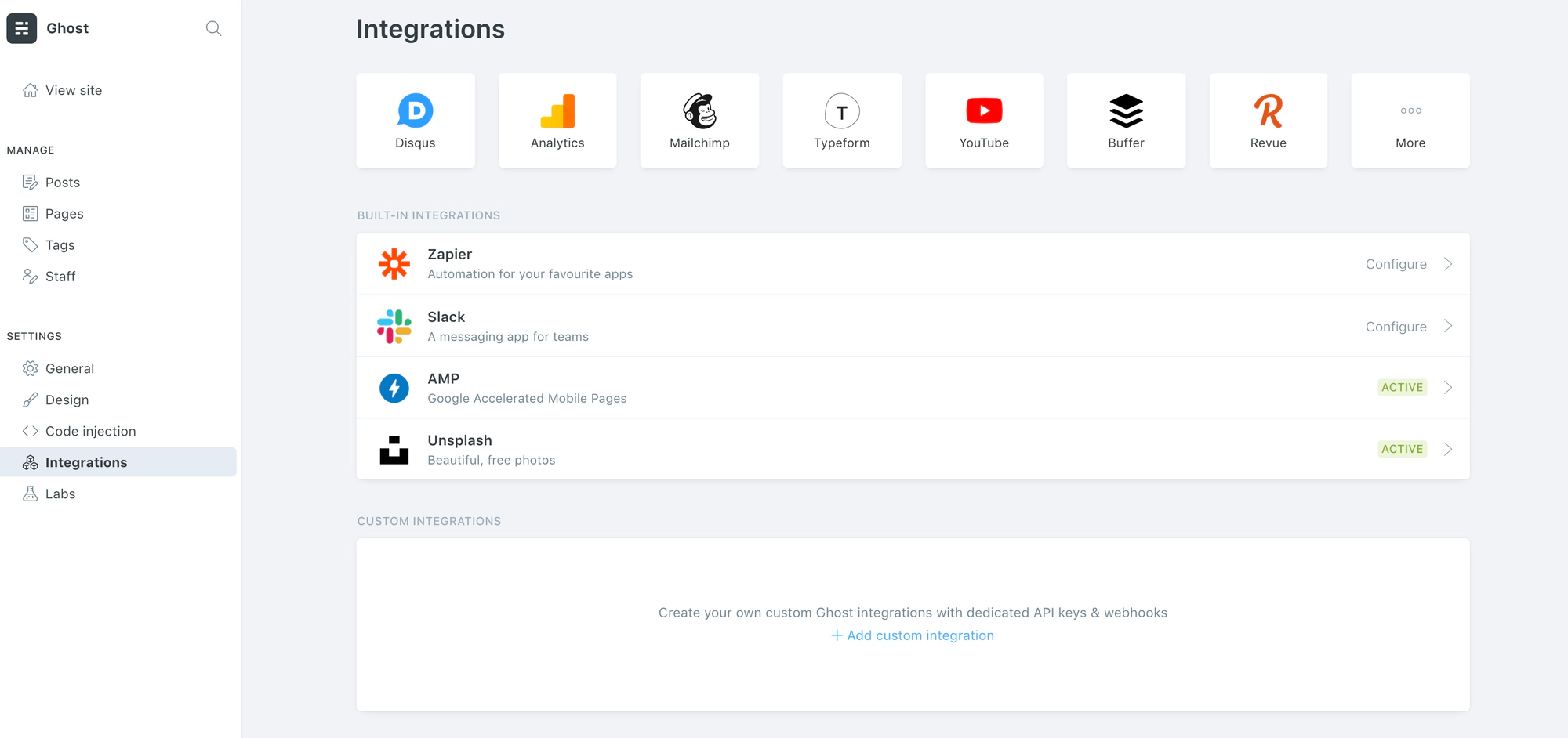 Integrations view in Ghost admin