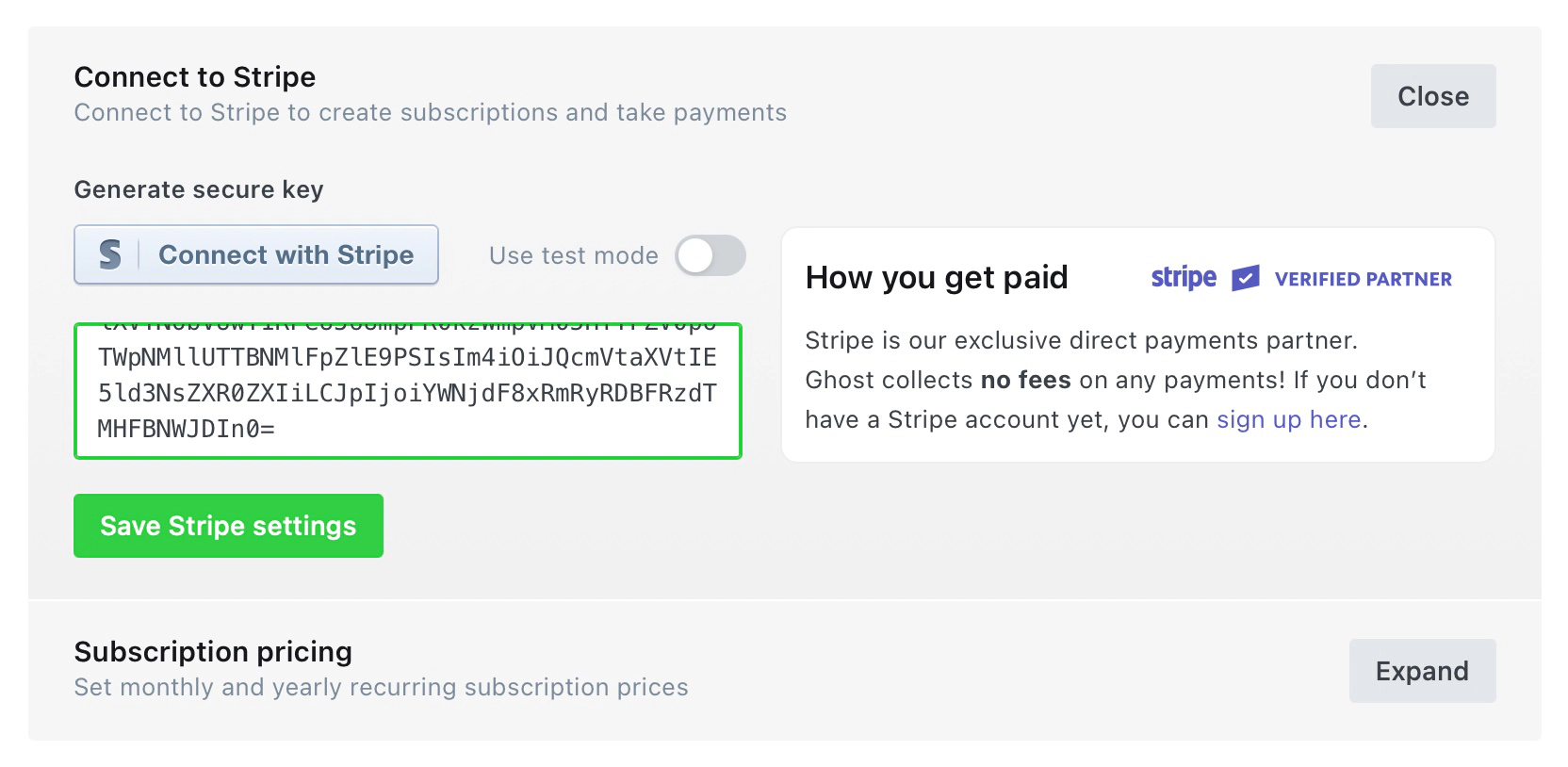 finalise Stripe integration to Ghost with secure key