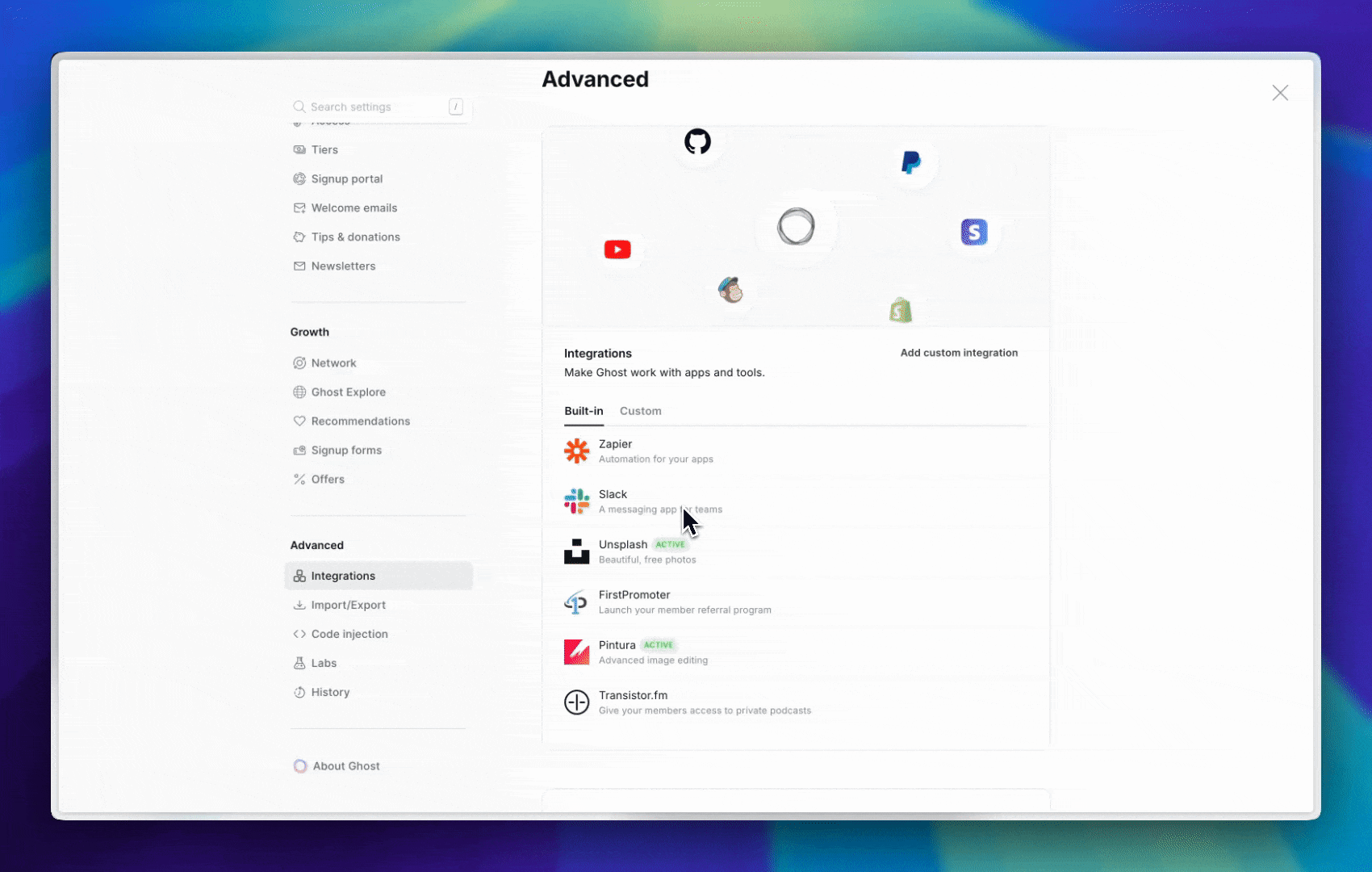 Activating the Transistor integration in Ghost Admin